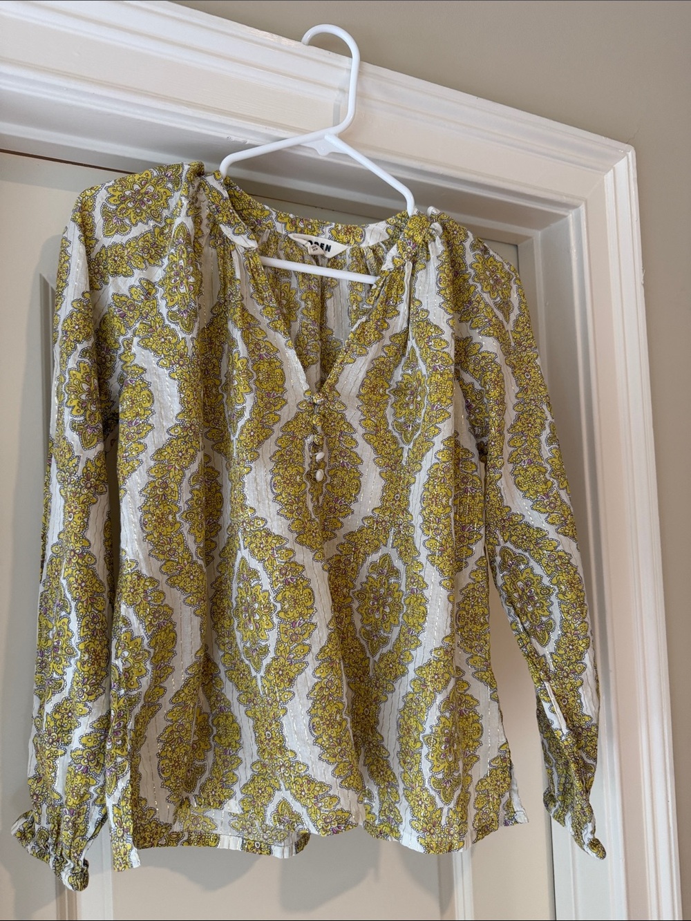 Boden Paisley Split-Neck Women's Top in Yellow and White